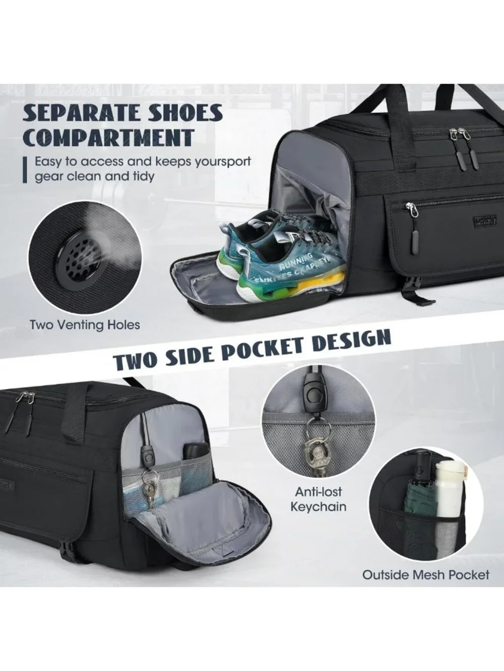 40L Sports Gym Duffel Bag with Shoe Compartment & Wet Pocket - Water Resistant